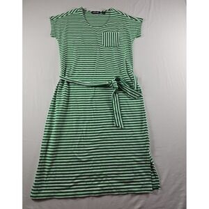 Lands End Green/White Stripe Jersey Knit Pullover Belted Dress Womens XXS